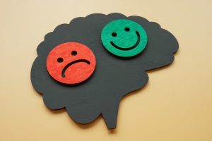 Bipolar disorder concept. Brain shape with happy and sad emoticons